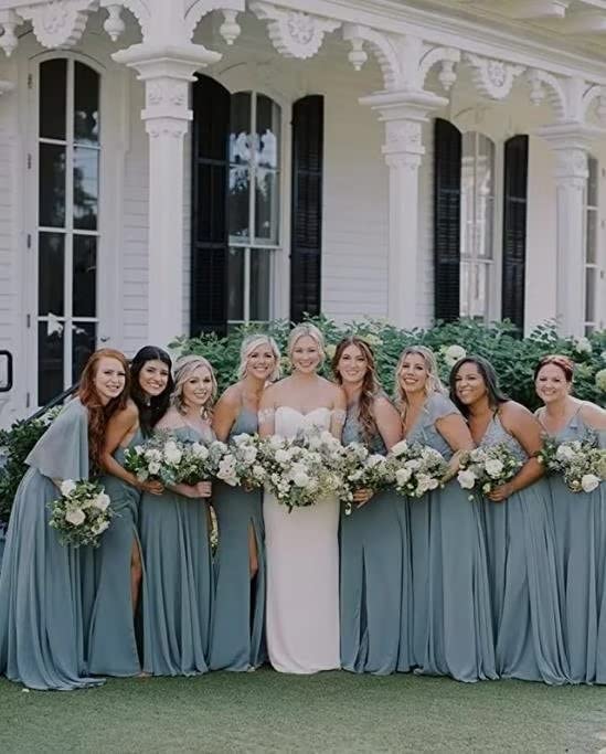 Alikey Women s Off The Shoulder Chiffon Bridesmaids Dresses with Slit Long Formal Party Dress