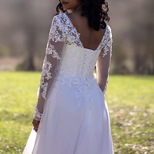 Findlovewedding Wedding Dresses for Bride 2022 with Lace Appliques Chiffon Women Dress Long Sleeves Beach Bride Dress Ivory