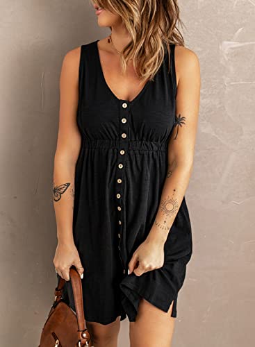 Acelitt Womens Casual Sleeveless Button Down Elastic Waist Swing Dresses, XS-2XL