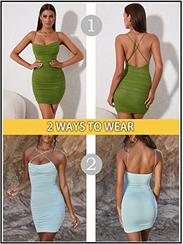 KUTUMAI Women s Ruched Bodycon Mini Dress Summer Spaghetti Strap Party Club Dresses