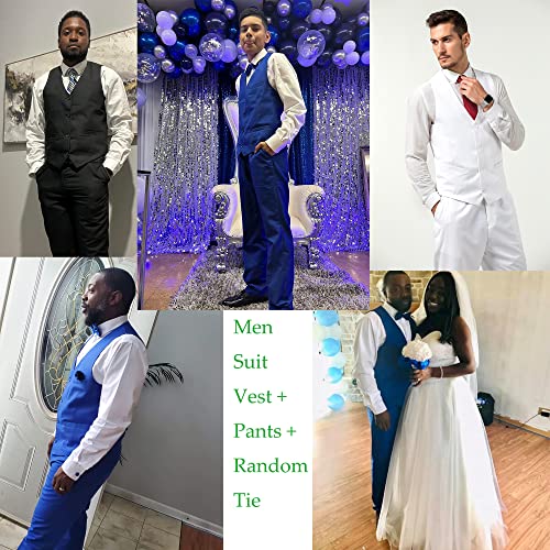 XUELC Men Suits 2 Pieces Vest+Pants+Tie Set V-Neck Slim Fit Casual Waistcoat Suit