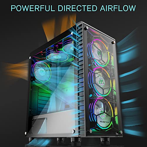 MUSETEX ATX PC Case Pre-Installed 6Pcs 120mm ARGB Fans, Computer Gaming Case with Tempered Glass Side & Front Panels, Metal Honeycomb Mesh, USB3.0, S6-B