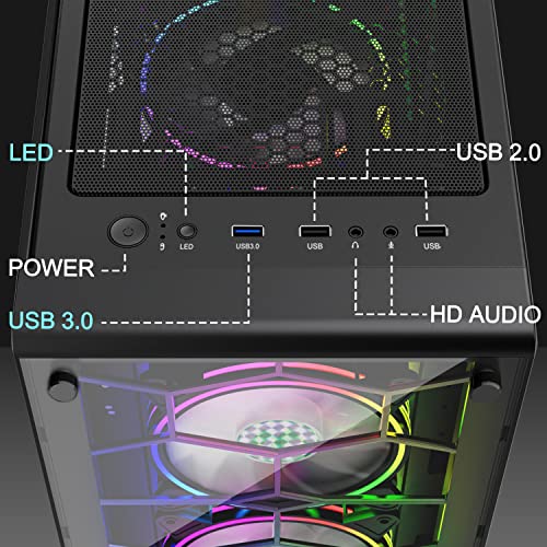 MUSETEX ATX PC Case Pre-Installed 6Pcs 120mm ARGB Fans, Computer Gaming Case with Tempered Glass Side & Front Panels, Metal Honeycomb Mesh, USB3.0, S6-B