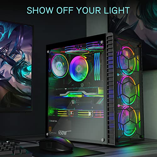 MUSETEX ATX PC Case Pre-Installed 6Pcs 120mm ARGB Fans, Computer Gaming Case with Tempered Glass Side & Front Panels, Metal Honeycomb Mesh, USB3.0, S6-B