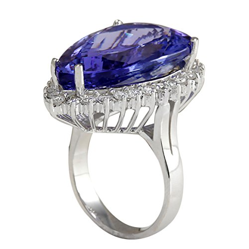 23.32 Carat Natural Blue Tanzanite and Diamond (F-G Color, VS1-VS2 Clarity) 14K White Gold Luxury Cocktail Ring for Women Exclusively Handcrafted in USA