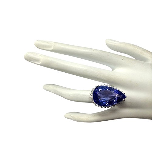 23.32 Carat Natural Blue Tanzanite and Diamond (F-G Color, VS1-VS2 Clarity) 14K White Gold Luxury Cocktail Ring for Women Exclusively Handcrafted in USA