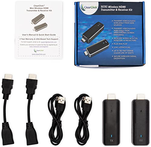 ClearClick Mini Wireless HDMI Transmitter & Receiver Kit - Transmit HDMI Video Up to 1080P - Transmit from HDMI, Phone, or Tablet - Up to 150  Range