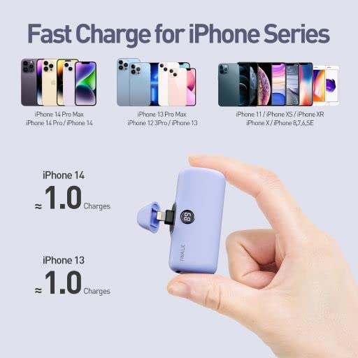 iWALK LinkPod Portable Charger 4800mAh Power Bank Fast Charging and PD Input Small Docking Battery with LED Display Compatible with iPhone 14/14 Pro Max/13/13 Pro Max/12/12 Pro/11/X/8/7/6,Purple