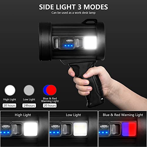 MIXILIN Rechargeable Spotlight, 90000 Lumens Handheld Hunting Flashlight Led Spot Light with Cob Light and Solar Panels, Lightweight and Super Bright Spotlight for Hunting Boating Camping