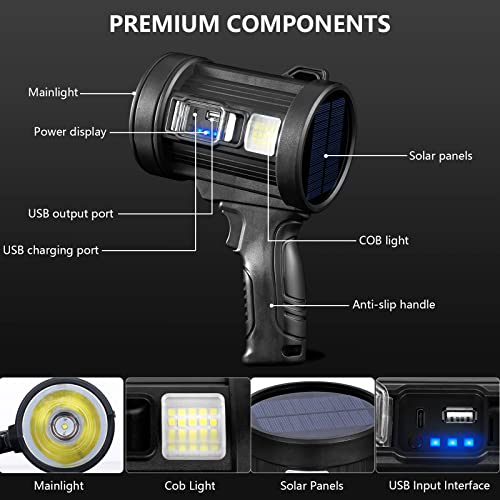 MIXILIN Rechargeable Spotlight, 90000 Lumens Handheld Hunting Flashlight Led Spot Light with Cob Light and Solar Panels, Lightweight and Super Bright Spotlight for Hunting Boating Camping