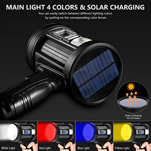 MIXILIN Rechargeable Spotlight, 90000 Lumens Handheld Hunting Flashlight Led Spot Light with Cob Light and Solar Panels, Lightweight and Super Bright Spotlight for Hunting Boating Camping