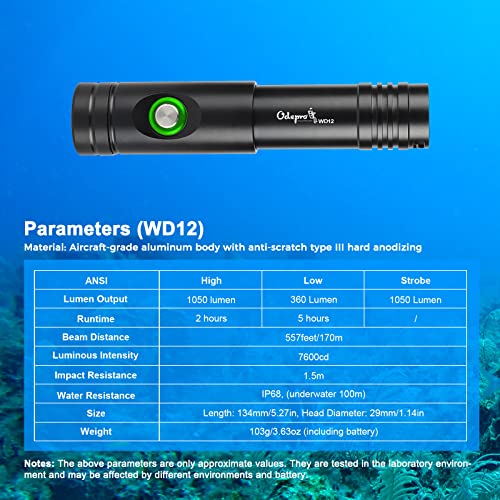 Odepro WD12 Scuba Diving Light 1050 Lumen Super Bright Compact Dive Lights with 3 Modes, IP68 Waterproof Submarine LED Flashlight with Battery Indicator, for 150m Underwater Diving, Fishing, Camping