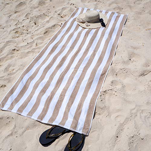 Arkwright Oversized Striped Beach Towels - Absorbent, Quick Drying, Ringspun Cotton Bulk Pool Towel, Perfect for Gym, Bath, and Spa, 30 x 70 in, (Pack of 4), Beige